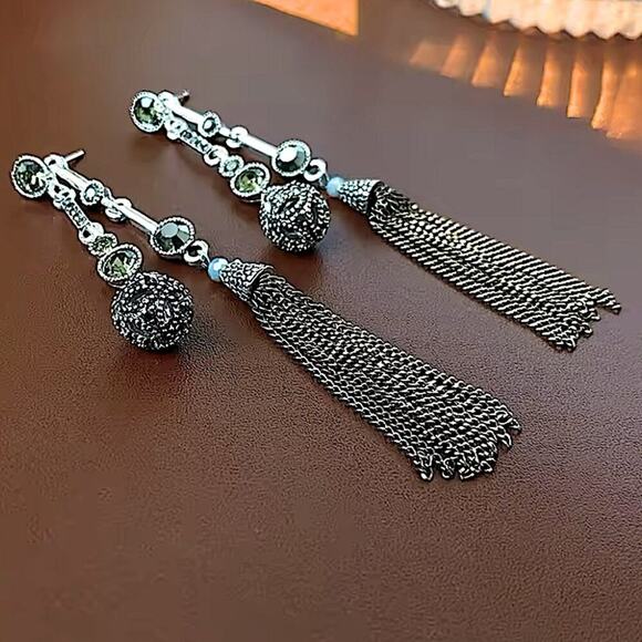 Antique Silver Rhinestone Earring Round Ball Long Fringe Tassel Earrings Boho - Picture 10 of 12